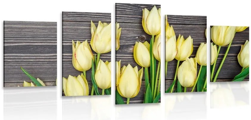 Quadri 5 pezzi – Affascinanti tulipani gialli su sfondo di legno