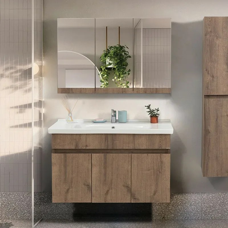 Mobile bagno sospeso 100 cm rovere scuro con specchio contenitore Mona