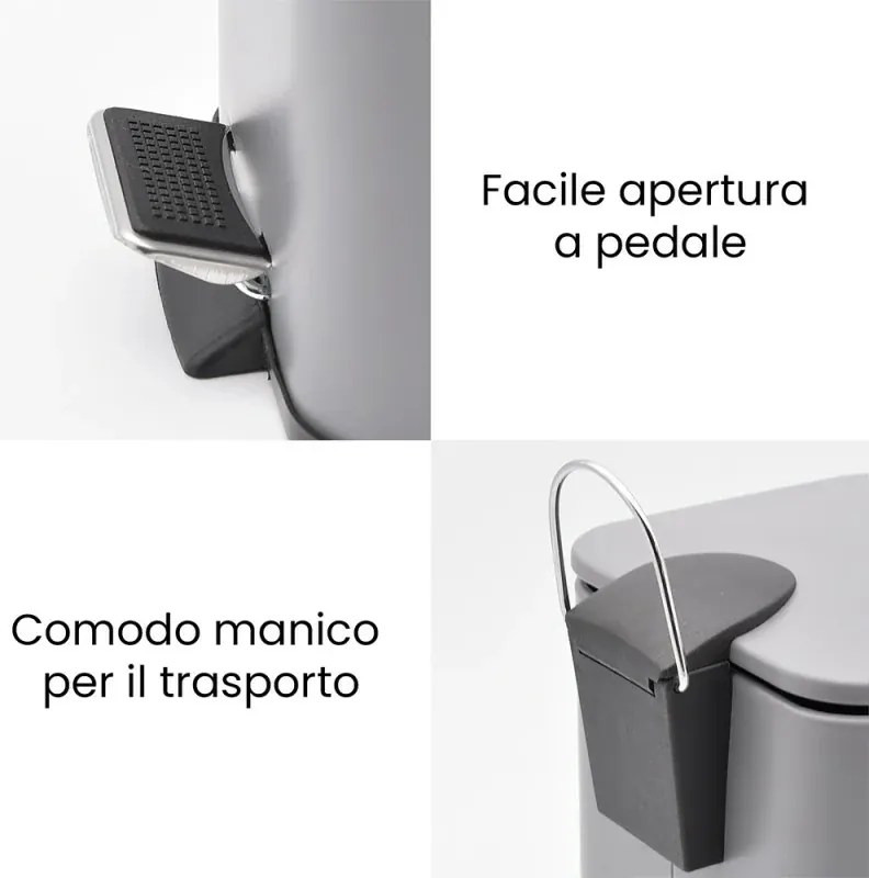 Pattumiera bagno 3lt in acciaio grigio con apertura a pedale e cesto estraibile