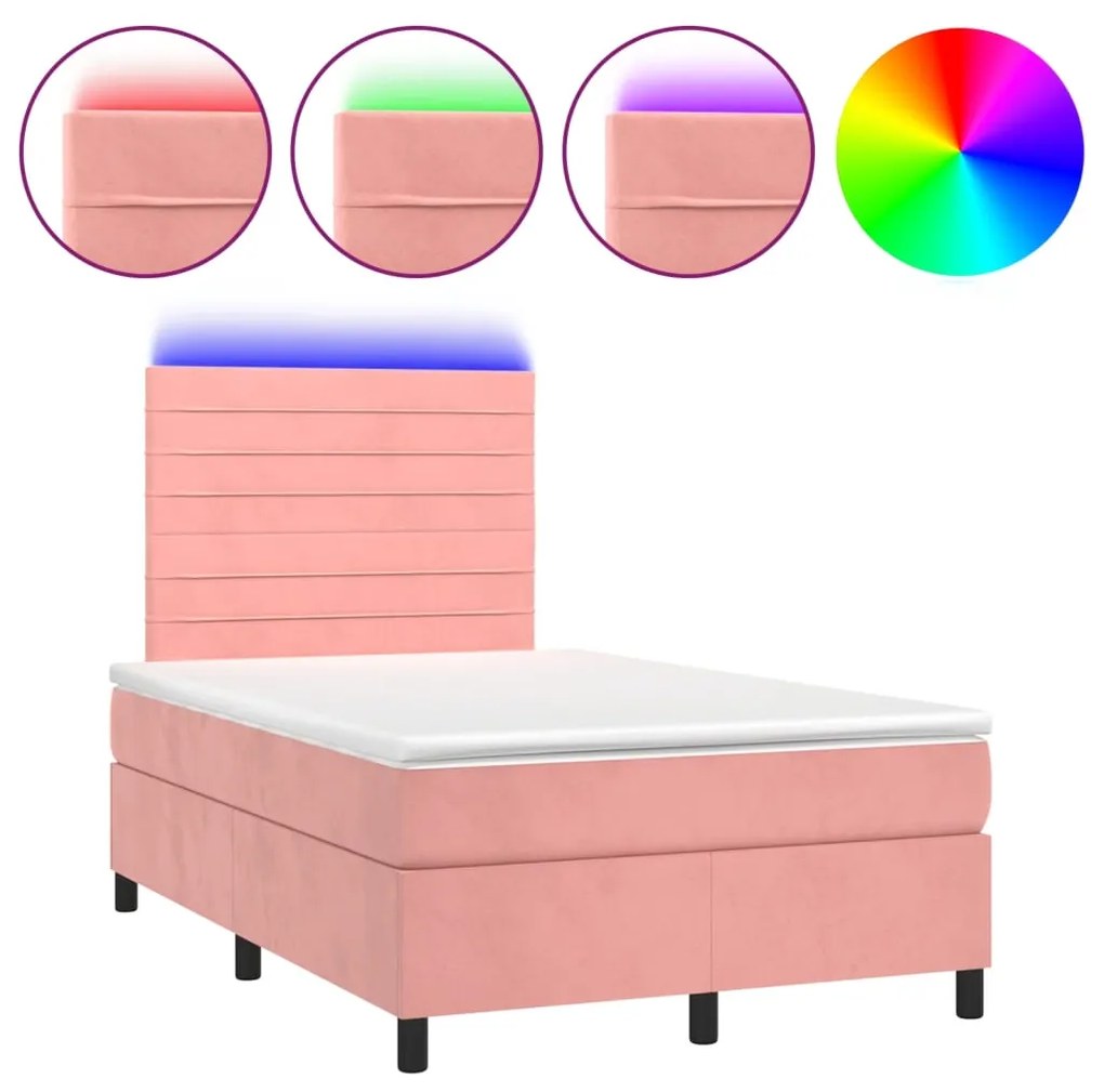 Letto a Molle con Materasso e LED Rosa 120x190 cm in Velluto