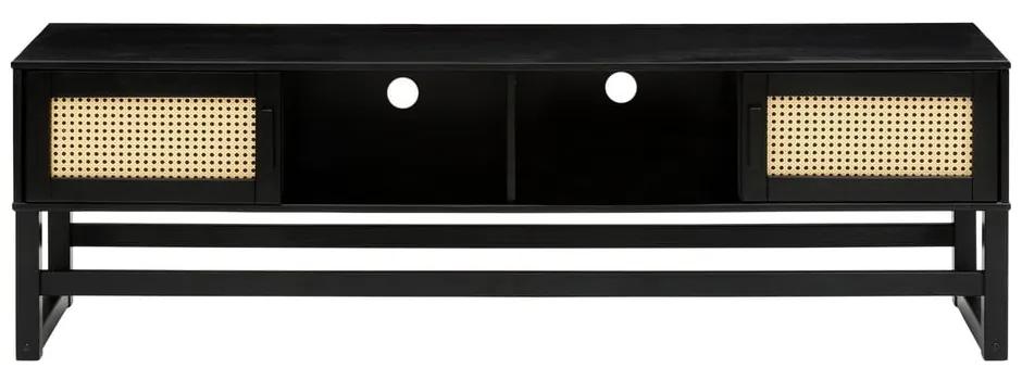 Tavolo TV nero in legno di pino con ante in rattan Jolene - Støraa