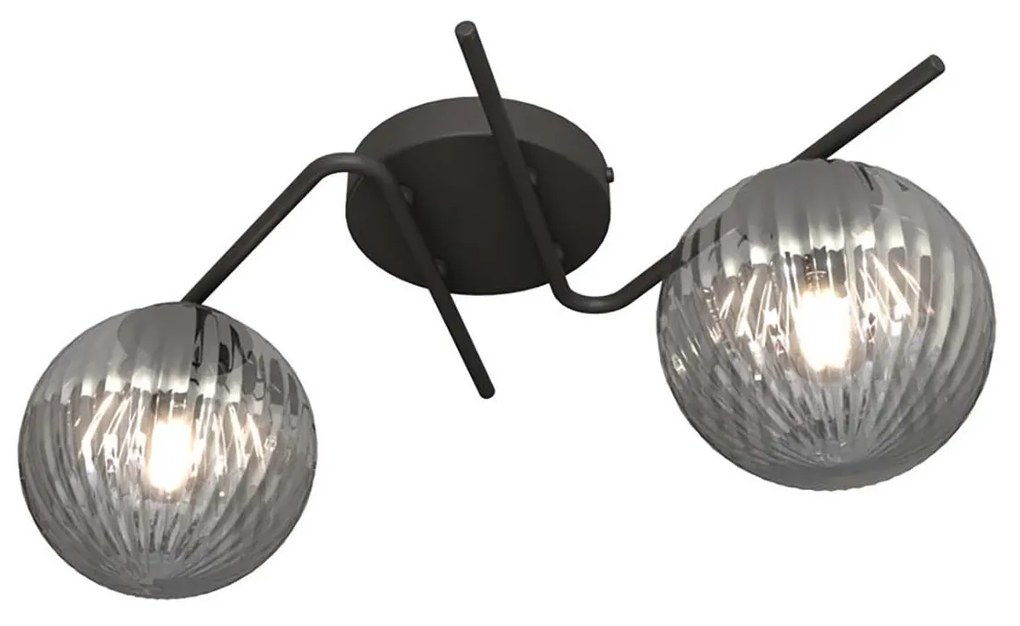 Plafoniera Moderna 2 Luci Ra Acciaio Nero E Diffusori In Vetro Rigato Fumè