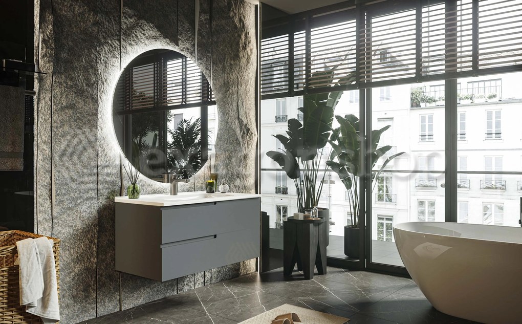 Mobile bagno grigio opaco 90x46 Sorrento due cassetti con maniglia sinistra e lavabo in ceramica