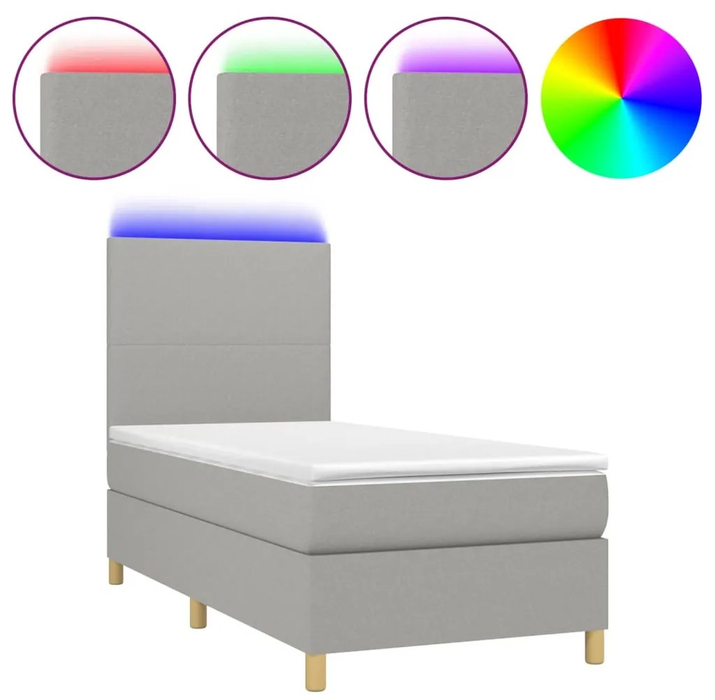 Letto a Molle Materasso e LED Grigio Chiaro 90x190 cm Tessuto