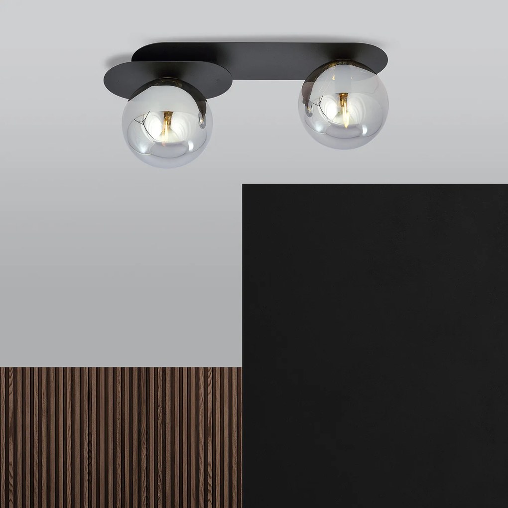 Plafoniera Minimal 2 Luci Teia In Acciaio Nero E Sfere Vetro Fumè