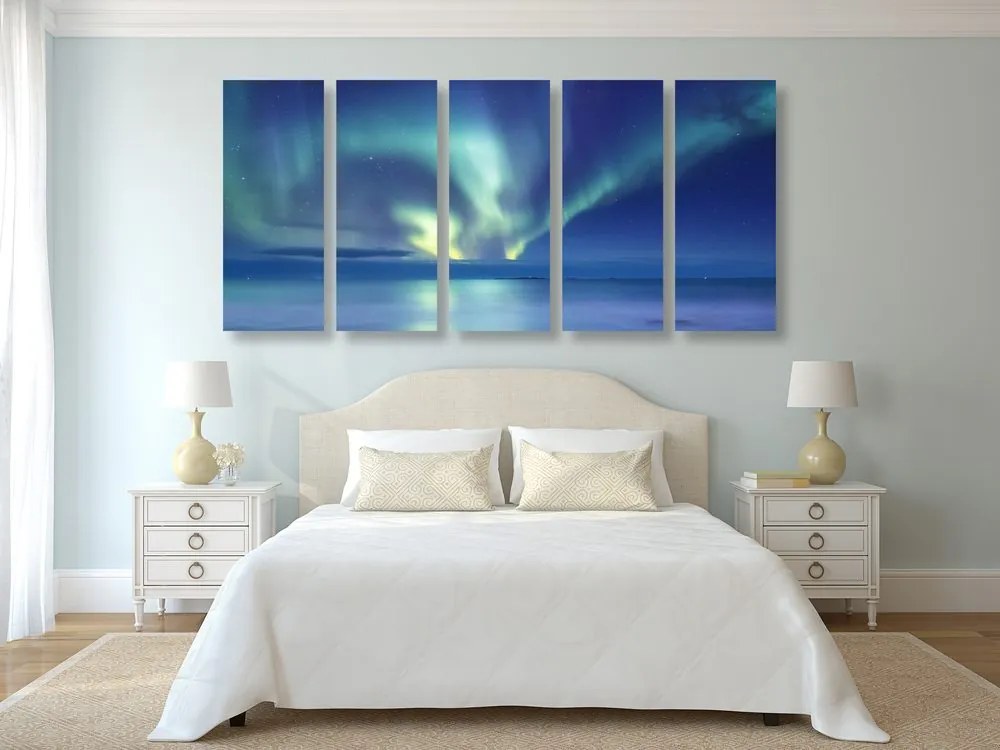 Quadri 5 pezzi – Aurora boreale sull'oceano
