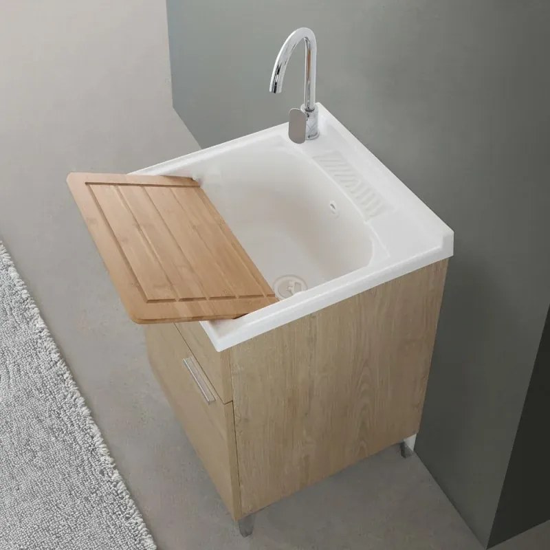 Mobile lavatoio 50x50 cm rovere con vasca in resina e asse lavapanni