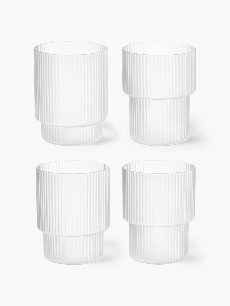 Set di 4 bicchieri per acqua in vetro soffiato con scanalatura in rilievo Ripple, 200 ml