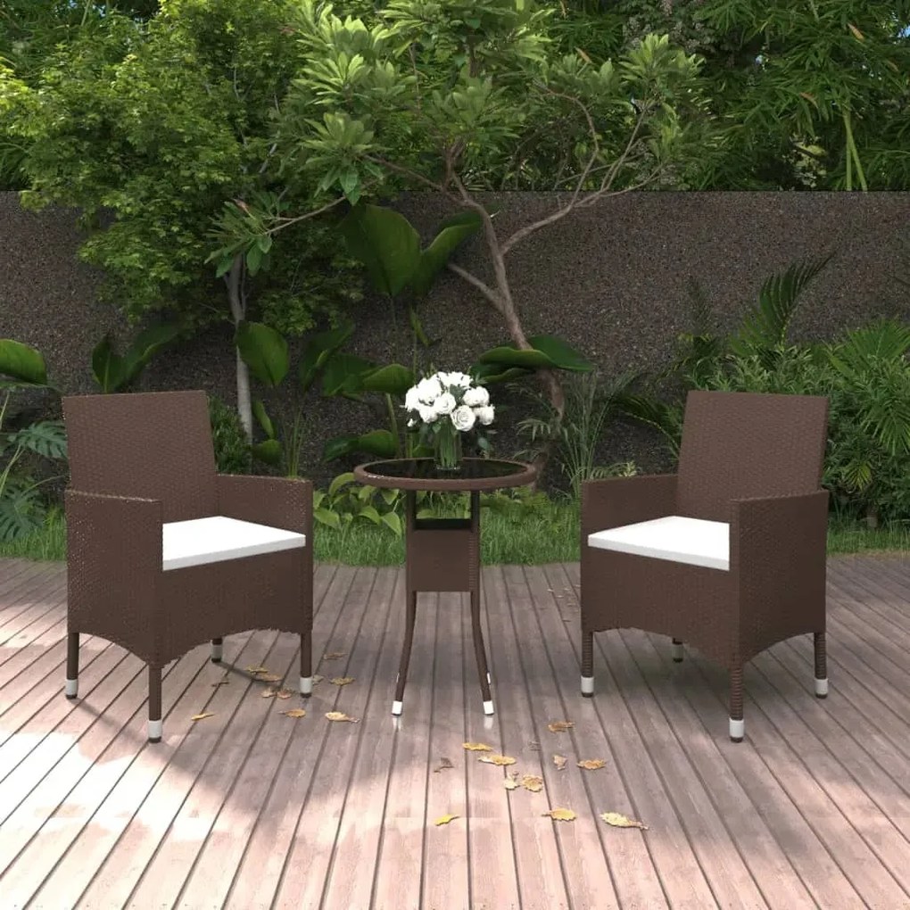 Set Bistrot Giardino 3 Pz Polyrattan E Vetro Temperato Marrone /