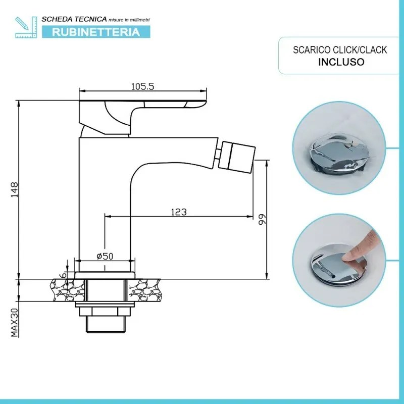 Set miscelatori lavabo e bidet Kreo in ottone con piletta click clack