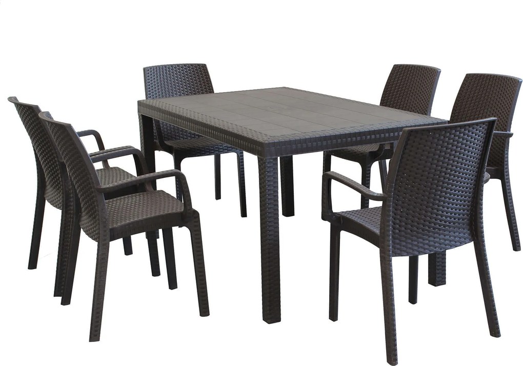 CALIGOLA - set tavolo inresina effetto rattan cm 150 x 90 x 74 h con 6 poltrone Alma