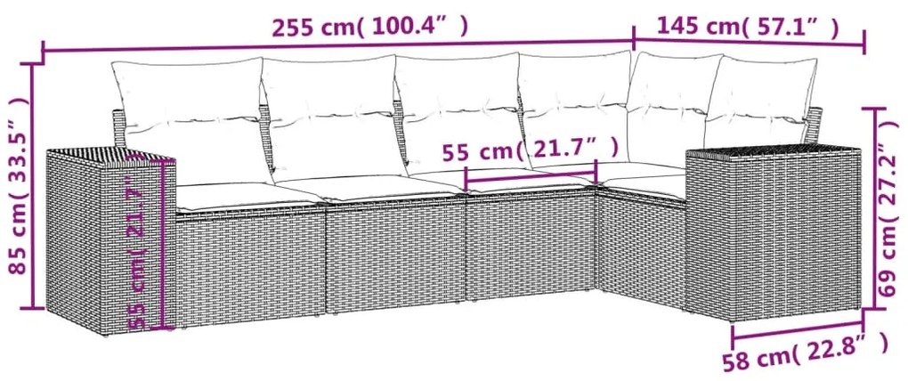 Set divano da giardino 5pz con cuscini grigio chiaro polyrattan