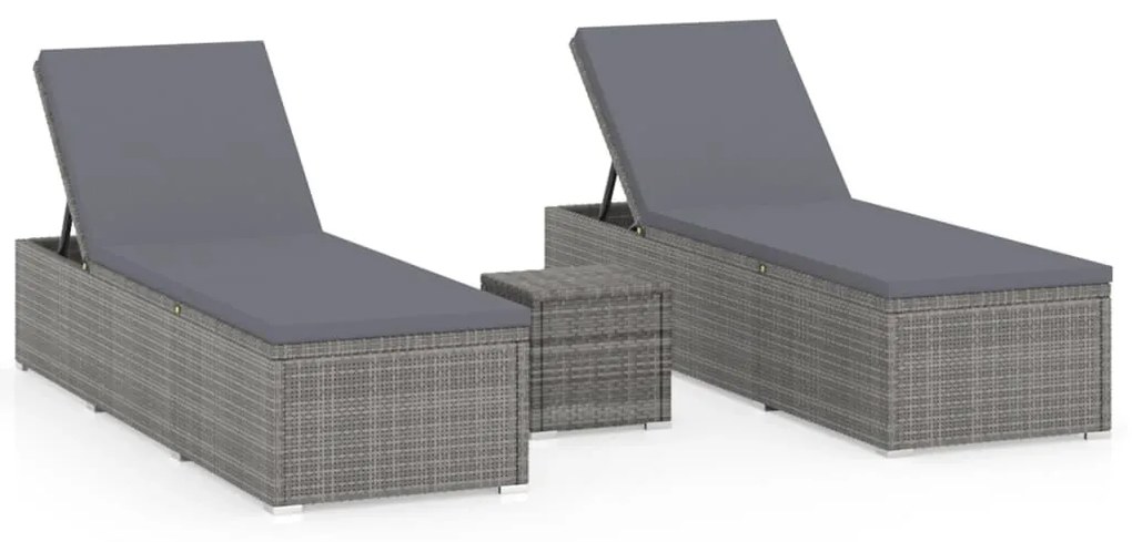 Lettini prendisole con tavolino 3 pz in polyrattan grigio