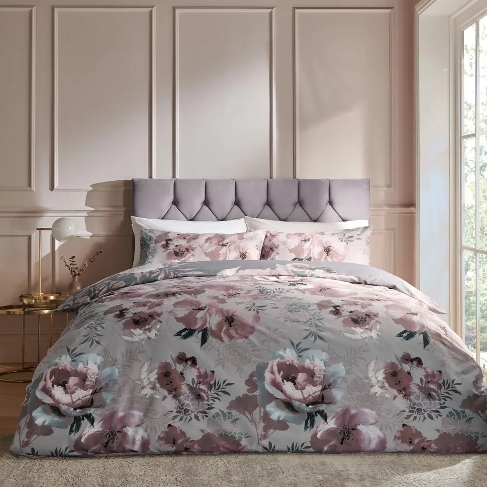 Set copripiumino e federa rosa e grigio per letto matrimoniale e per letto esteso 230x220 cm Dramatic Floral – Catherine Lansfield
