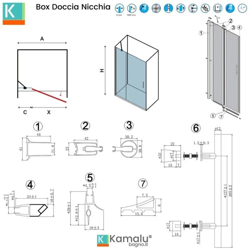 Kamalu - Porta doccia battente 90-95cm e fisso colore nero | KPX4000N