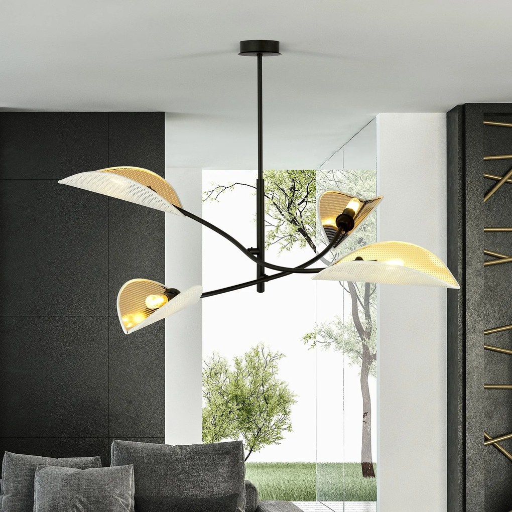 Sospensione Nordica 4 Luci Lotus In Acciaio Nero Bianco E Oro Bracci Regolabili