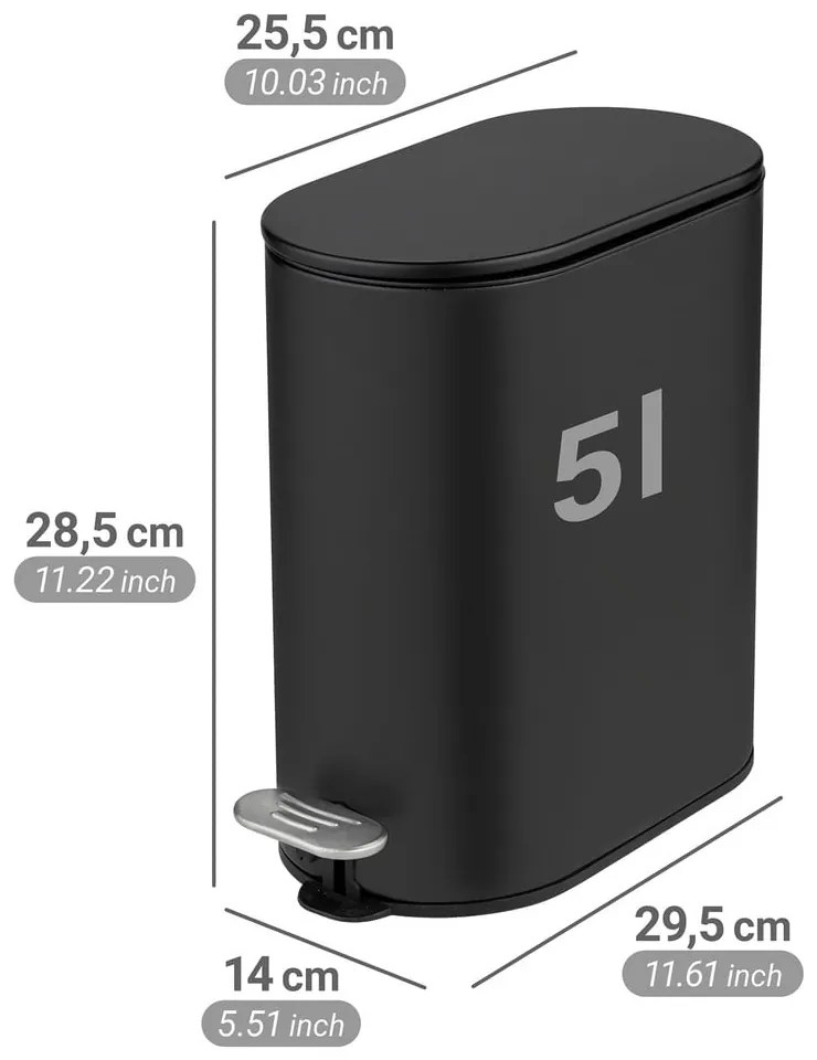 Cestino per la spazzatura nero opaco in acciaio con pedale 5 l Collungo – Wenko