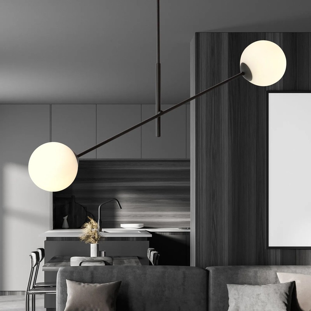 Lampadario 2 Luci Linear In Acciao Nero Con Bracci Regolabili E Vetro Opale