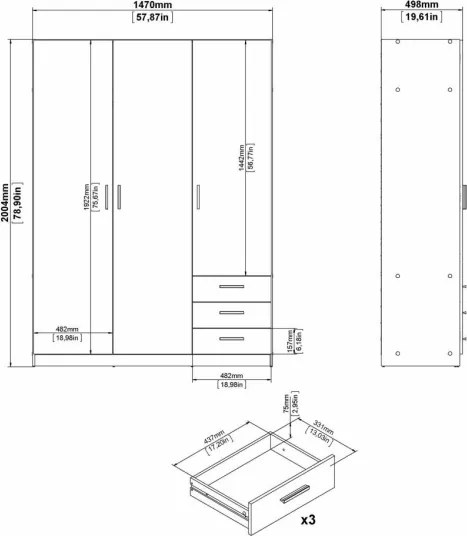 Armadio Guardaroba 3 Ante 3 Cassetti Con Barra Appendiabiti Bianco