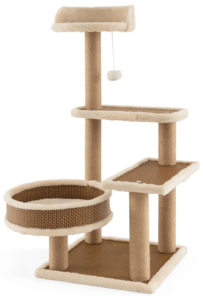 Costway Torre per gatti interno con tappetino in rattan palla appendibile tiragraffi, Albero per gatti a 4 livelli alto 90cm