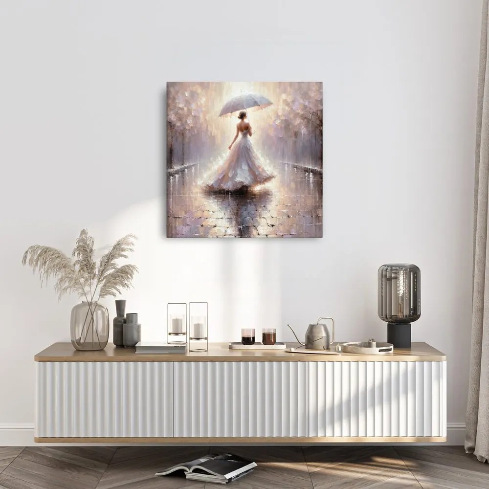 Quadro su tela – Donna che cammina sotto la pioggia