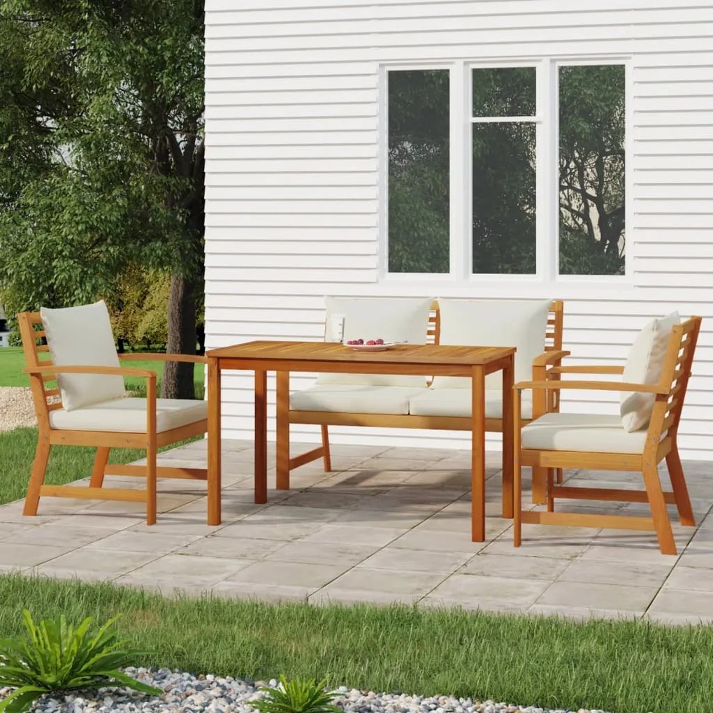 Set da pranzo giardino 4pz con cuscini legno massello di acacia