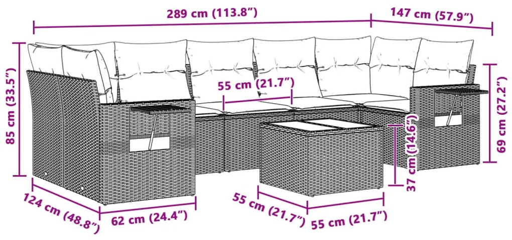 Set divano da giardino 8pz con cuscini grigio chiaro polyrattan