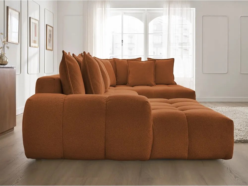 Divano angolare color terracotta allungabile e con contenitore (penisola a destra/a U) con rivestimento in ciniglia Everest – Bobochic Paris