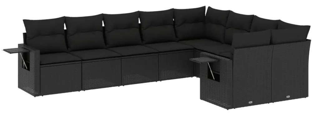 Set divani da giardino 9 pz con cuscini nero in polyrattan