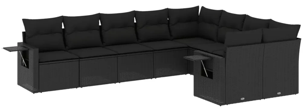 Set divani da giardino 9 pz con cuscini nero in polyrattan