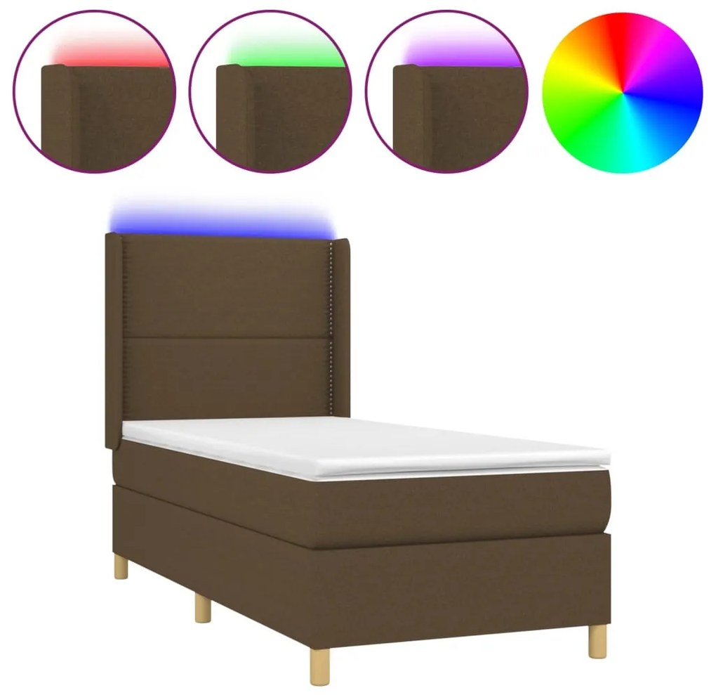 Letto a molle materasso e led marrone scuro 100x200 cm tessuto