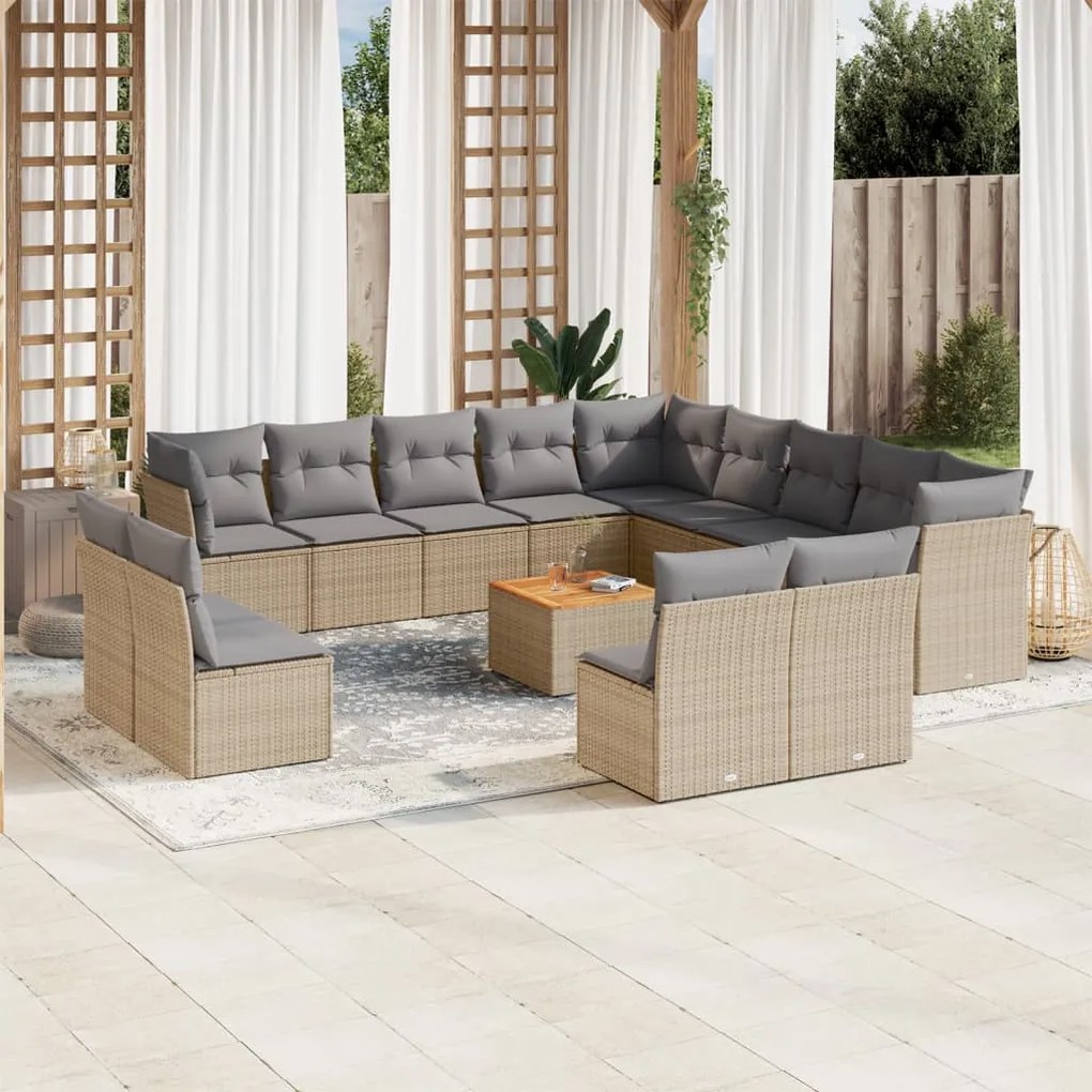 Set divano da giardino 14 pz con cuscini beige misto polyrattan