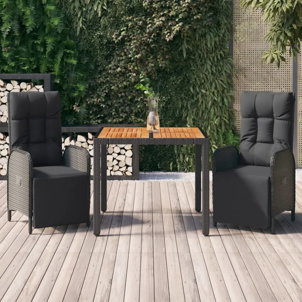 Set Da Pranzo Da Giardino 3 Pz Con Cuscini Nero İn Polyrattan /