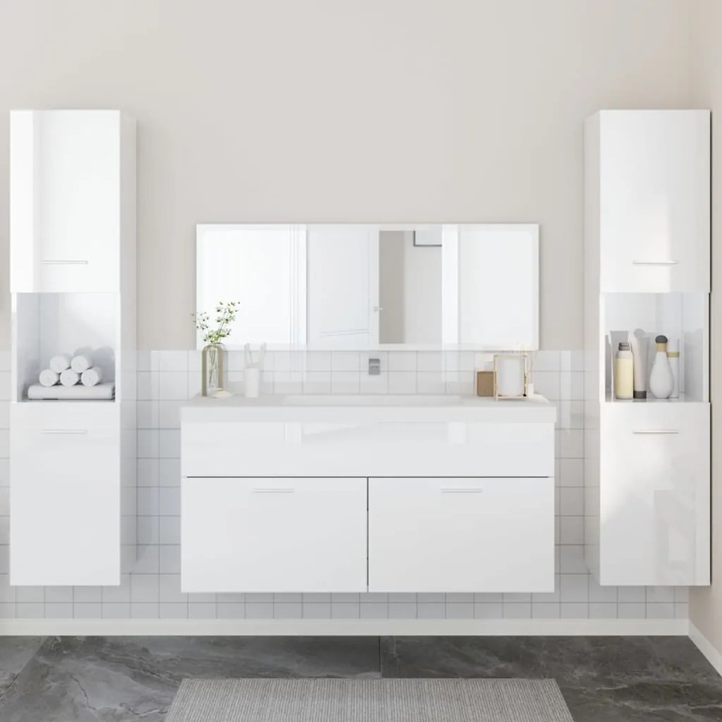 Set Mobili Da Bagno 4 Pz Bianco Lucido İn Legno Multistrato /