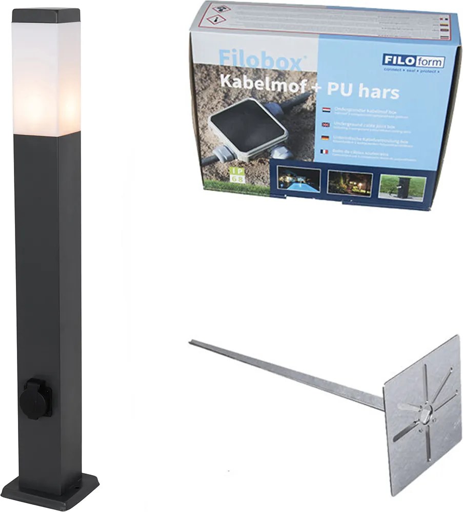 Lampada da esterno grigio scuro con picchetto e pressacavo 80 cm, con presa integrata IP44 - Malios