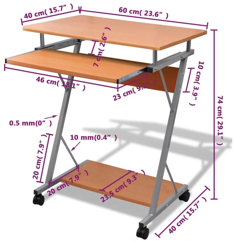 Scrivania per computer con ripiano estraibile marrone