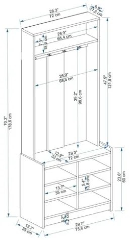 Mobile Ingresso 75 Cm Con Appendiabiti E Vani A Giorno Erik Rovere E Bianco