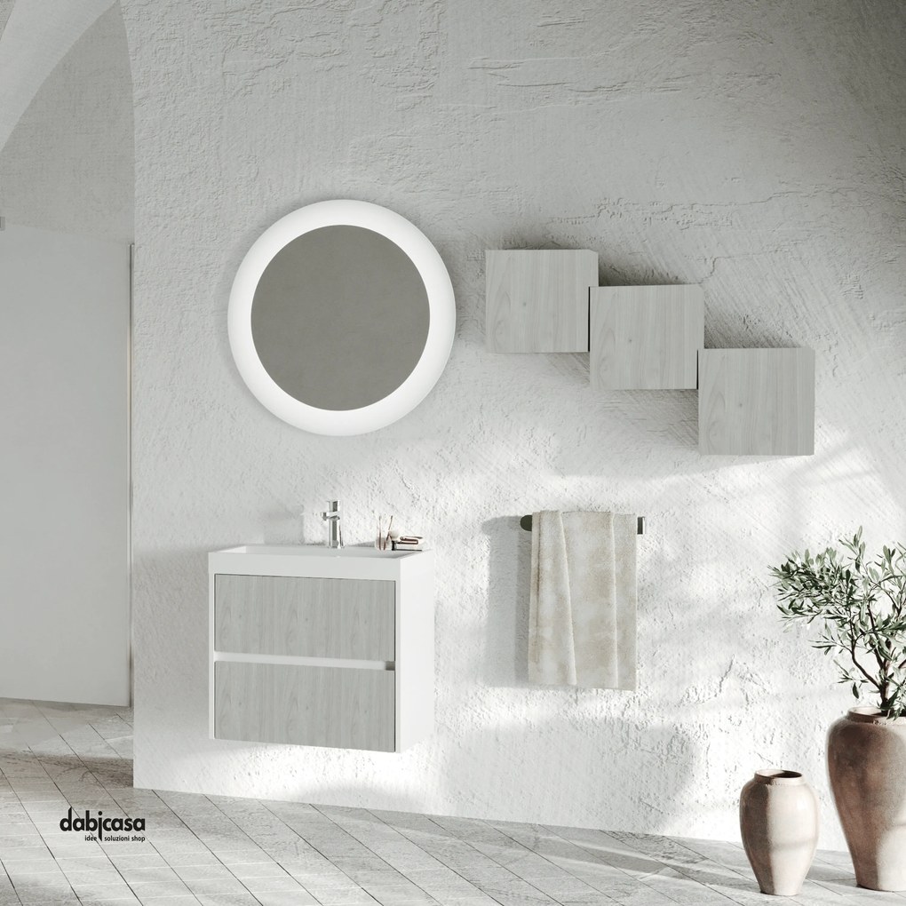 Mobile Bagno Sospeso "Portofino" Da 80 Cm Composto Da Due Cassetti Finitura Legno Nordico