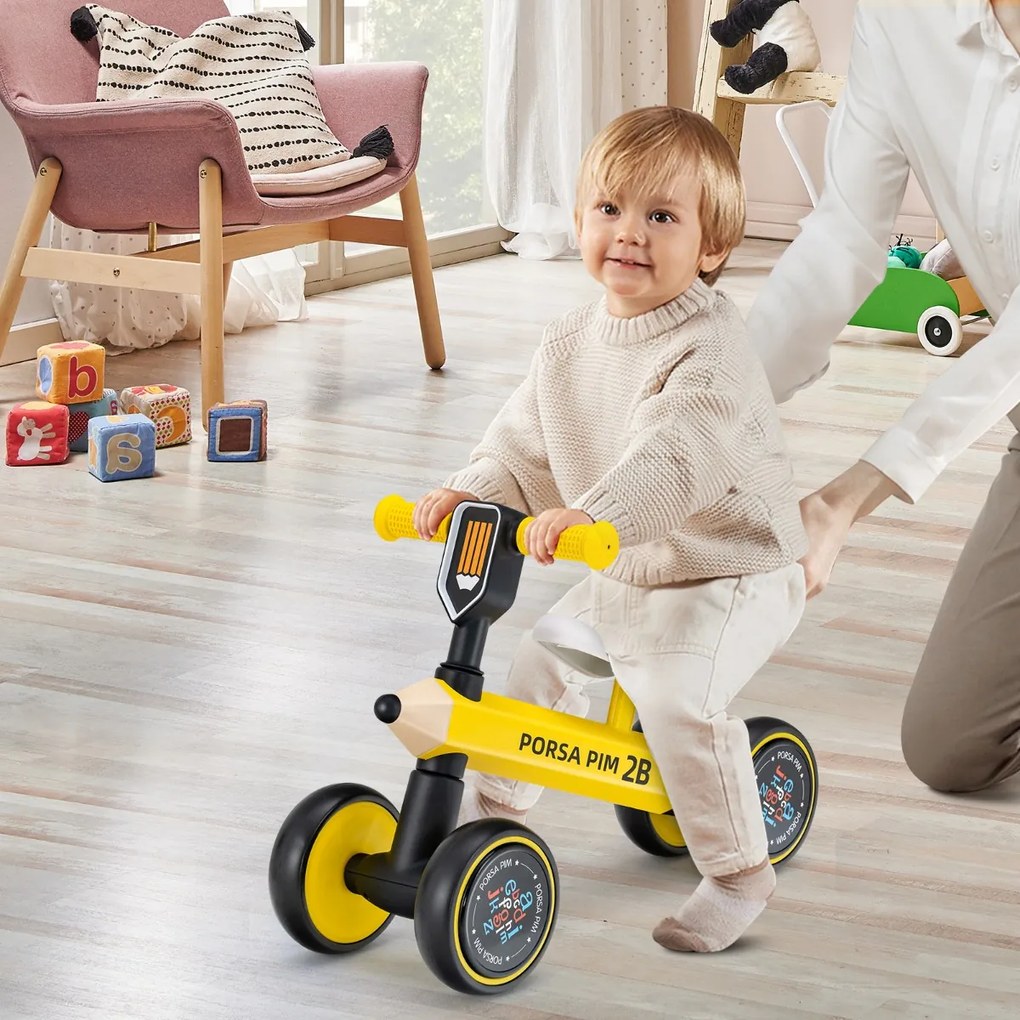 Costway Bicicletta senza pedali per bambini da 10 a 24 mesi, Bici carina con 4 ruote silenziose sterzo limitato Giallo