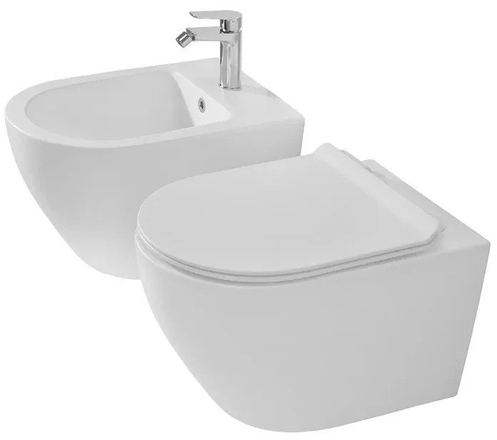 Sanitari sospesi in ceramica bianca opaca con copriwc e scarico rimless Tokyo