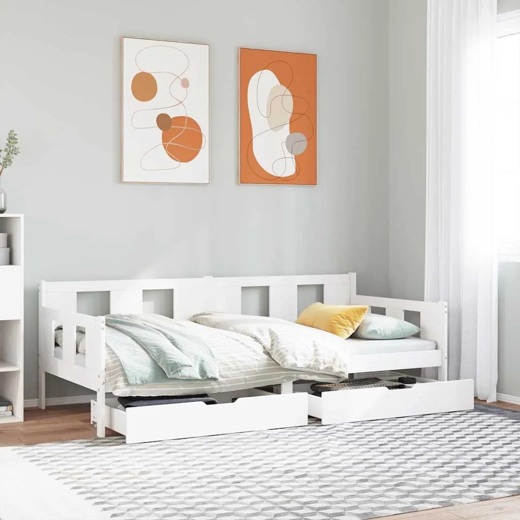 Dormeuse Con Cassetti Bianco 90x190 Cm Legno Massello Di Pino /