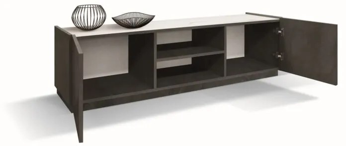 Porta Tv FAVIGNANA in legno, finitura in acciaio ossidato, piano effetto marmo statuario, 160&#215;45 cm