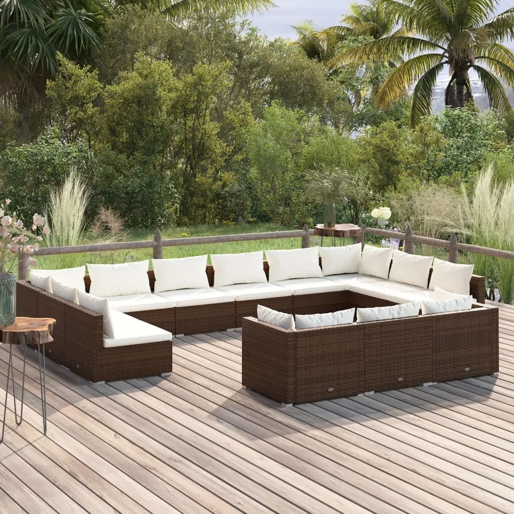 Set Divani da Giardino 13 pz con Cuscini in Polyrattan Marrone