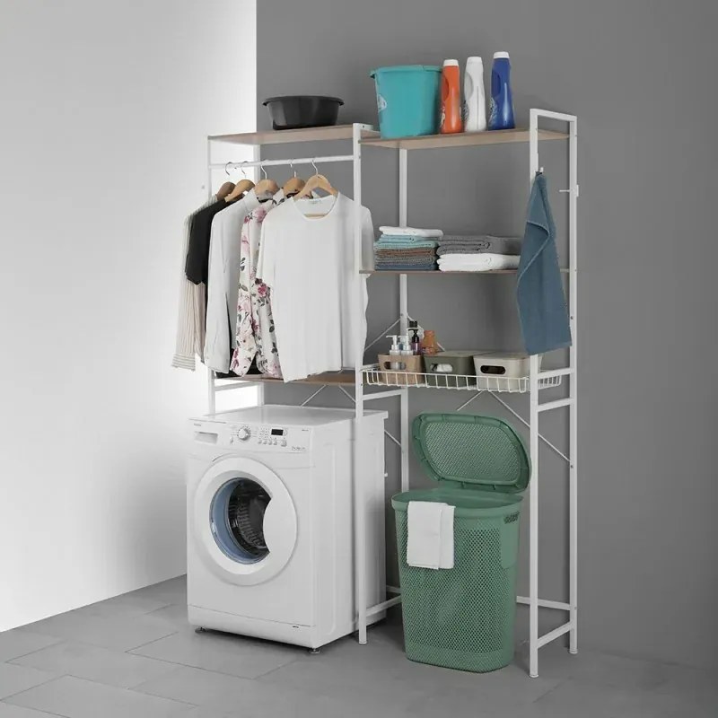 Scaffale sopra lavatrice bianco con ripiani, cestello e barra appendiabiti