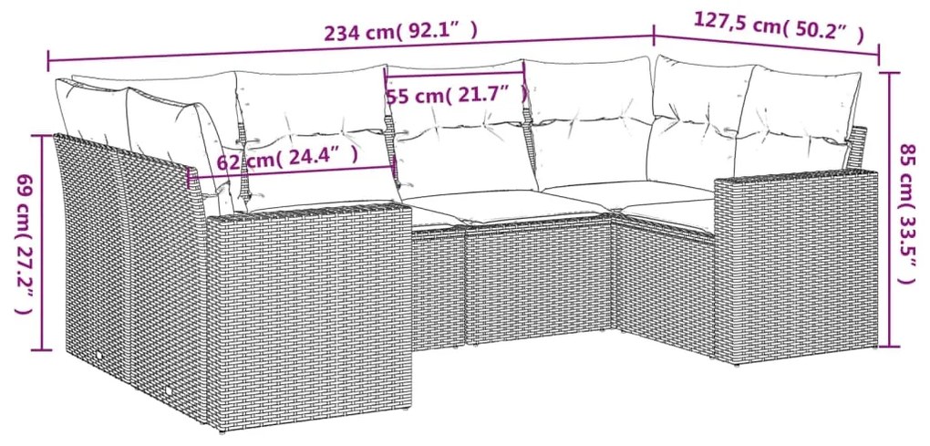 Set divano da giardino 6 pz con cuscini nero in polyrattan