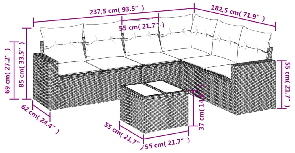 Set divani da giardino 7 pz con cuscini grigio in polyrattan