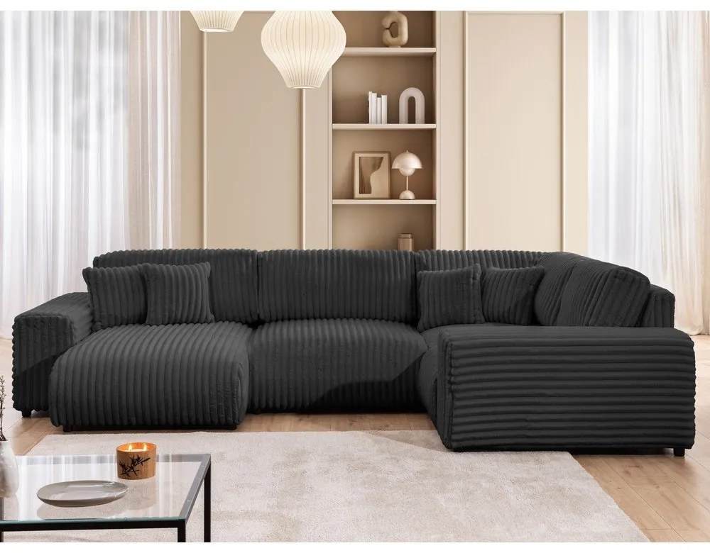 Divano angolare grigio scuro (con penisola a destra/a U) rivestito in velluto a coste Justin – Ropez