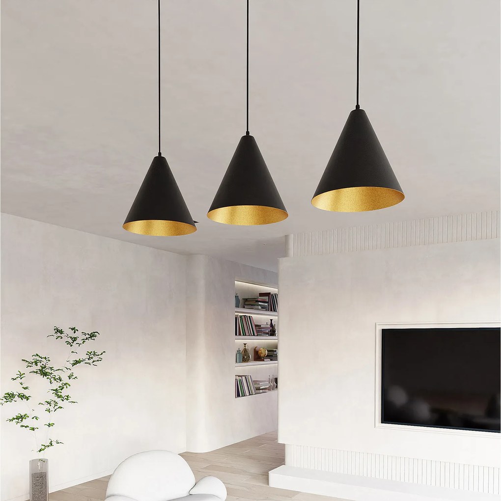 Sospensione Nordica Ninhursag 3 Luci In Acciaio Nero E Oro