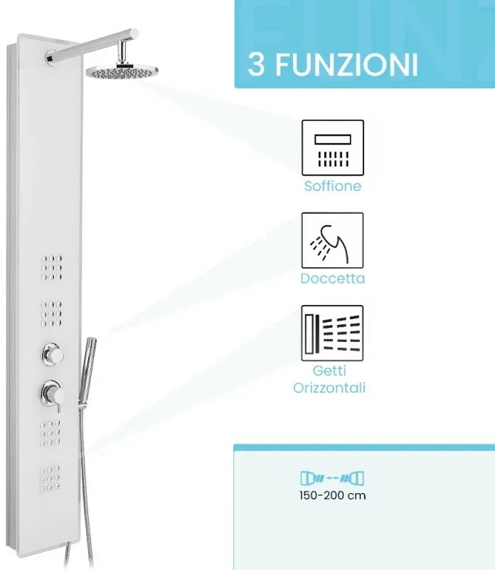 Colonna doccia in vetro bianco con 3 funzioni e flessibile estensibile
