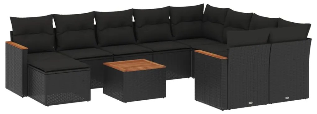 Set divani da giardino 11 pz con cuscini in polyrattan nero